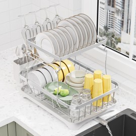 LIYI Dish Drying Rack,Large Dish Rack for Kitchen Counter,2-Tier Dish Racks with draining Tray,Detachable Capacity Dish Drainer Organizer,White