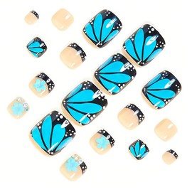 24Pcs Black French Tip Press on Toenails Short Square Toenail Press ons Nude Fake Toe Nails 3D Blue Flower Rhinestones Design Glossy Glue on Toe Nails Stick on Toenails for Women Decorations Set