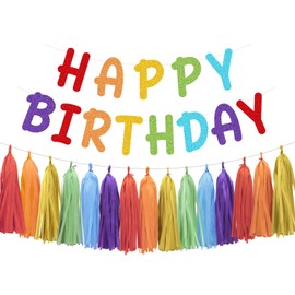 Aonor Happy Birthday Decorations - Rainbow Happy Birthday Banner and Paper Tassel Garland for Rainbow Colorful Birthday Party Decorations