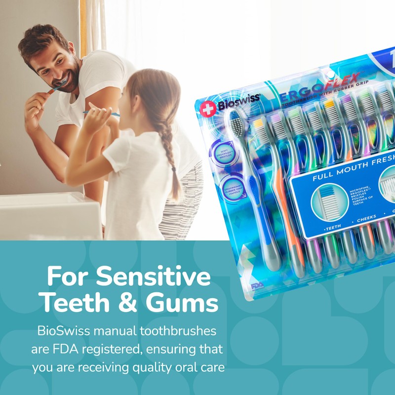 BioSwiss ErgoFlex Toothbrushes, Pack of 12 Manual Toothbrush Set with