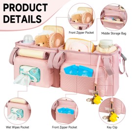 ZIOZERTT Double Stroller Organizer Compatible with Bob Duallie and Baby Jogger City Mini Gt2,Double Stroller Caddy with Cooler Bag and Cup Holder (Pink)