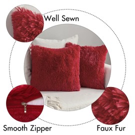 MIULEE Pack of 2 Luxury Faux Fur Throw Pillow Cover Deluxe Christmas Decorative Plush Pillow Case Cushion Cover Shell for Sofa Bedroom Car 16 x 16 Inch Red