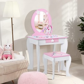 HONEY JOY Unicorn Kids Vanity, Toddler Makeup Table with Mirror and Stool, Wooden Pretend Play Vanity for Little Girls, Detachable Mirror and Storage Drawer, Kids Vanity Table and Chair Set (White)