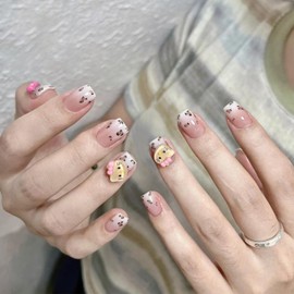 Press on Nails Short - 24 Pieces Pink Leopard Kitty Design Fake Nails for Press On Acrylic Artificial Fingernails for Women & Girls Nail Art Manicure DIY (Pink Cat, 24x)