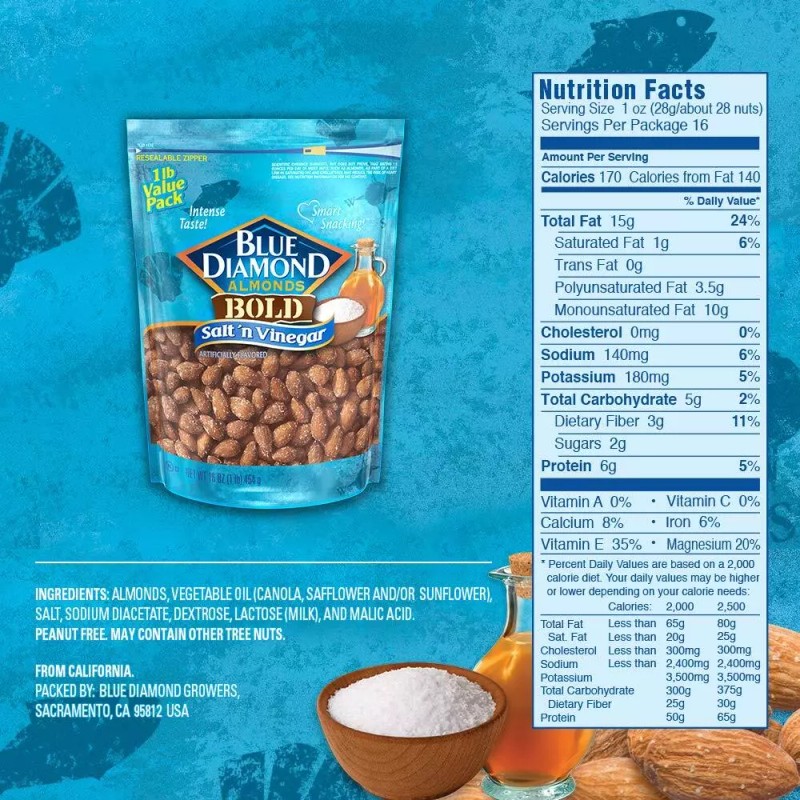 Blue Diamond Almonds, Bold Salt 'n Vinegar, 16 Ounce (Pack