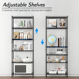 Homdox 6-Tier Storage Shelf Wire Shelving Unit Free Standing Rack Organization Adjustable Leveling Feet, Stainless Side Hooks, Black