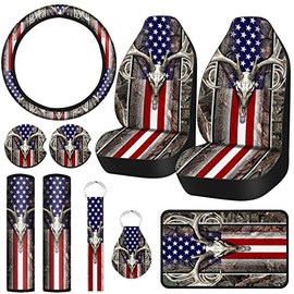 10 Pieces American Flag Wood Deer Skull Camo Print Car Accessories Set Car Steering Wheel Cover Thickened Car Seat Covers Keyring Car Cup Holder Armrest Pad Seat Belt Pads Wrist Strap for Car