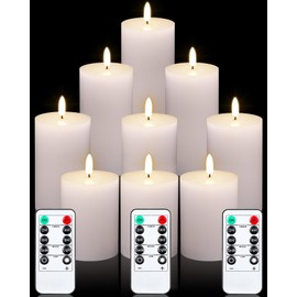 VIHOSE 9 Pcs White Flameless Candles Set Realistic LED Pillar Candles with Remote and Timer Flameless Wick Candles, Battery Operated Real Wax Candles for Wedding Festival Decor Dia 3" (Flat Top)