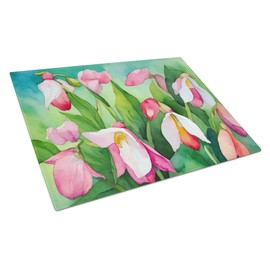 Caroline's Treasures DAC1674LCB Minnesota Pink and White Lady�s Slippers in Watercolor Glass Cutting Board Large Decorative Tempered Glass Kitchen Cutting and Serving Board Large Size Chopping Board