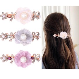 Campsis 3 PCS Flower Bow Hair Barrettes Rhinestone Pearl Hair Clips Delicate Glitter Jeweled Headpieces Prom Birthday for Women Girls