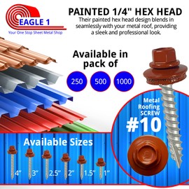 EAGLE 1 Metal Roofing Screws #10 - Painted Hex Head Self-Tapping Screws with EDPM Rubber Washer for Metal to Wood, Vinyl, Small Sheet Metal - Free Magnetic Driver (Barn Red, 1 Inch, 250)