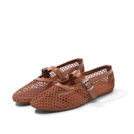 woivok Mesh Flats for Women Ballerina Comfortable Mule Casual Round Toe Buckle Strap Ballet Mary Jane Shoes for Summer Brown