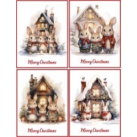 8 Christmas Bunny Rabbit houses vintage glossy blank Christmas card red envelope