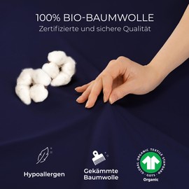 Dreamzie Premium Fitted Sheet 90 x 200 cm to 100 x 200 cm Dark Blue, Fitted Sheet Made from 100% Jersey Organic Cotton, 150 g/m² - Oeko-Tex