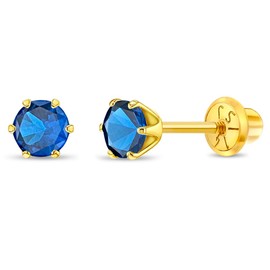 14k Yellow Gold 4mm Solitaire Round Simulated Sapphire Screw Back Stud Earrings for Girls - Safety Screw Back Locking Earrings for Children - Adorable Prong Earrings For Girls September Birthday