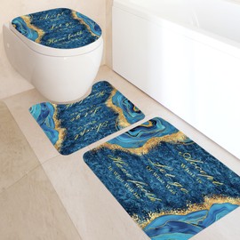 Omifly Blue Marble Shower Curtain Sets 4Pcs Abstract Inspirational Quotes Gold Luxury Waterproof Bathroom Decor Set with 12 Hooks, Rugs and Accessories with Bath Mat and Toilet Lid Cover