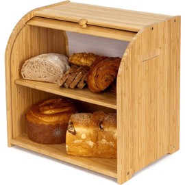 FoverOne Bamboo Bread Box for Kitchen Countertop, Roll-top Breadbox Breads Storage Boxes with Adjustable Middle Shelf