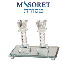 MASORET Modern Crystal Candlestick Set: 2 Elegant Matching Pair of 4.7 Inch Tall Fine Cut Glass Candle Holders Plus 6.9 by 4 Inch Mirrored Tray Stand