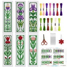 INFUNLY 6 Sets Retro Plant Flowers Cross Stitch Bookmark Kits for Beginners 22*8cm DIY Stamped Embroidery Bookmarks Kits with Instruction Full Kit of Handmade Cross Stitch Bookmark for Reader Lovers