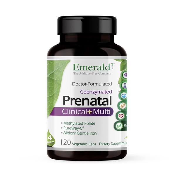 Emerald Labs Prenatal 4-Daily Multi - Multivitamins for Pregnant Women with Coenzyme Folic Acid and Gentle Iron to Help Support Brain and Skeletal Development - 120 Vegetable Capsules