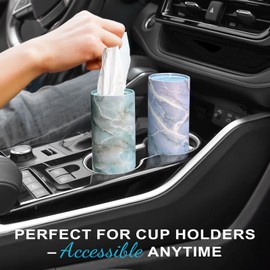 GOMEW Car Tissue Holder (4 PK) - 50 3-Ply Tissues Cylinder, Fits Car Cup Holders, Portable Travel Tubes Box Container, Marble Design, Round Tissue Container for Car Accessories