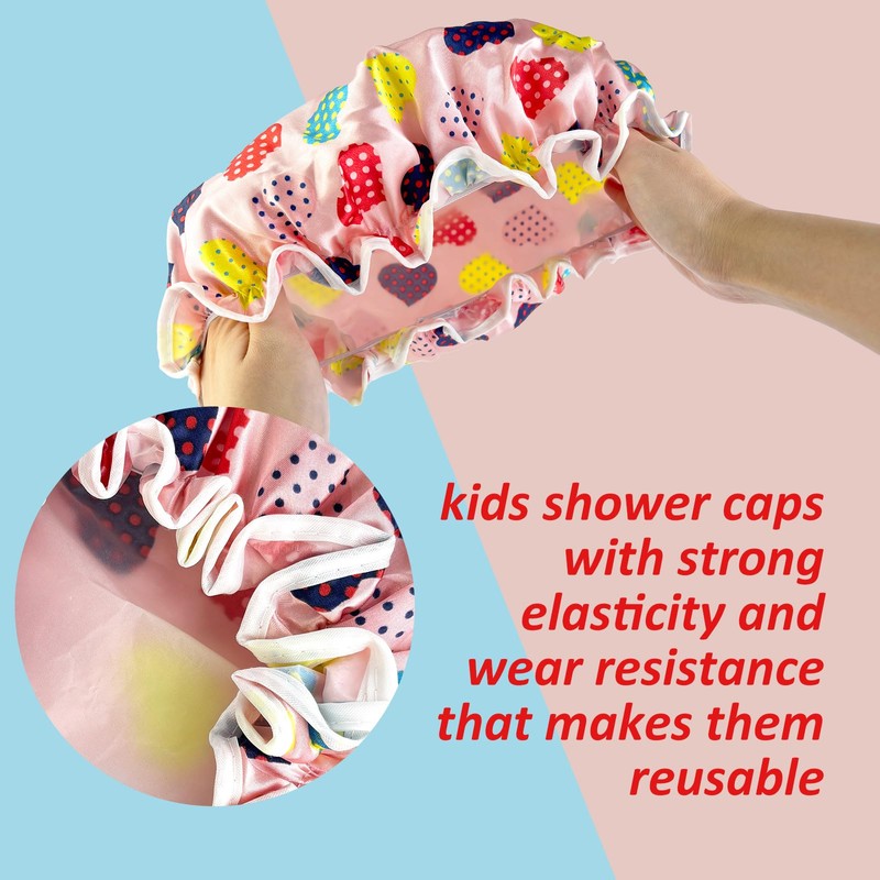 Shower Cap for Kids, 3 Pack Large Reusable Double Layer