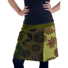 Vishes - Alternative Clothing - Floral Printed Cotton Patchwork Skirt - with Pockets, olive