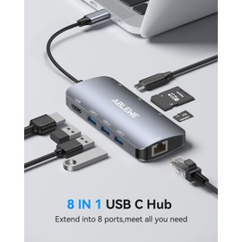 USB C Hub ABLEWE 8 in 1 USB C Adapter with 1000 m Ethernet RJ45 LAN, 4K HDMI, 87W PD, SD/TF Card Reader, 3 x USB 3.0 Ports, Multiport Adapter for Laptop MacBook Pro Air M1 M2, HP, Dell, Surface
