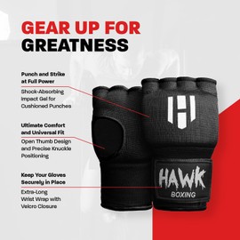 Hawk Boxing - Guantes interiores acolchados Hawk, de gel, elásticos para entrenamiento, guantes de boxeo, envolturas rápidas para hombres y mujeres, kickboxing, muay thai, artes marciales mixtas, vendajes para puño, nudillos, muñeca, envoltura protectora