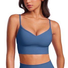 CRZ YOGA Womens Butterluxe Sweetheart Longline Sports Bra - V Neck Adjustable Thin Strap Yoga Camisole Padded Crop Top Pitch Blue Large
