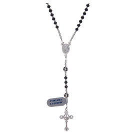 Holyart Rosary Necklace Silver 925 Black Crystal Beads 3 mm, Silver, pearls