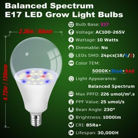 ALIDE E17 Intermediate Base Plant Grow Light Bulbs for Indoor Plants, E17 Full Spectrum Sun Grow LED Lamp 10W with Balanced Spectrum 5000K Red Blue Yellow for Seeds Greens Laboratory,Greenhouse,3Pack