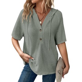 Dokotoo Sweatshirt for Women Oversized Waffle Knit Drawstring Button V Neck Short Sleeve Shirts Casual Lightweight Pullover Hoodies Tops Comfy Fall Fashion Outfits Clothes 2024 Mist Green Large