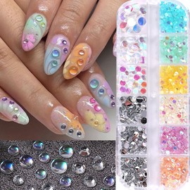 12 Grids Aurora Rhinestones Nail Studs 3D Colorful Rhinestones Nail Art Glitter Flakes Decorations Set Multiple Size Rivet Jewelry Accessories for Women Manicure Supplies DIY Crafts Sequins