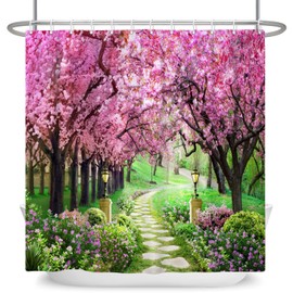 Uiiooazy Fabric Shower Curtain for Bathroom Pink Floral Trees Waterproof Bathtub Curtains Spring Park Scenery Rustic Shower Curtains Green Grass RV Bathroom Decoration with Hooks 65x72 inches