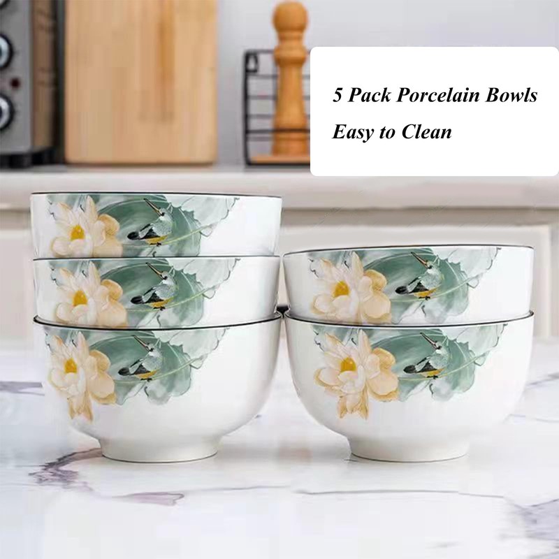 5 Pack Porcelain Bowls With Lotus Pattern, 4.5" x 2.36"