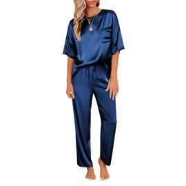 Ekouaer Womens Short Sleeve Satin Silk Pajama Set 2 Pieces Loungewear Sleepwear Long Pajama Pant Set Navy Blue XXL