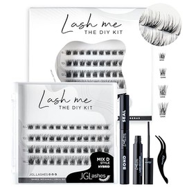JGLashes - Lash me The DIY kit. Kit de extensiones de pestañas en casa, racimos de pestañas medidas 8-12 mm, curvatura C, banda invisible, incluye Bon