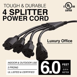 4 Way Power Splitter - 1 to 4 Extension Cord Splitter, 6' Long Extension Cord, Outlet Splitter 3 Prong, Power Strip Outlet Plug, Y Style Extension Cord, Black, SJT 16 AWG by Luxury Office