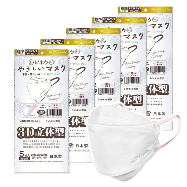 【ビホウマスク 安心の日本製 4層構造 国産高機能フィルタをダブル使用! 本体×耳ゴムの組み合わせで多彩なバリエーション! 個性に合わせて選べる楽しさ】3D立体型やさしいマスク カラフルタイプ (ホワイト×ピンク) 標準サイズ 5枚入