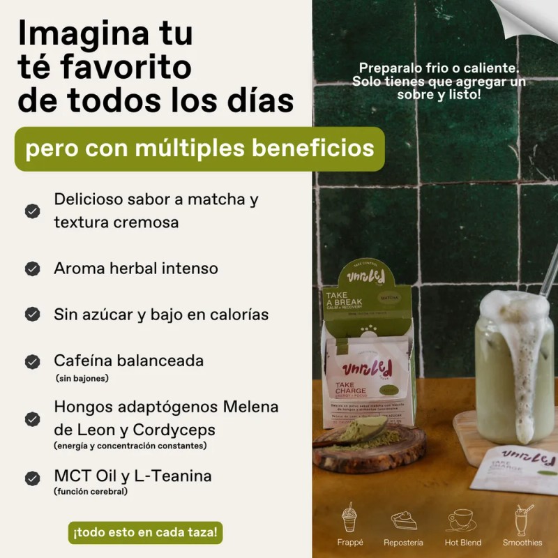 Matcha en Polvo UNRULED FOODS con Hongos Adaptógenos Pack 10