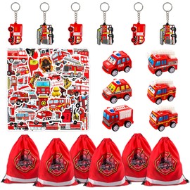 JWTRSVTY 68 Pieces Fire Engine Party Bags, Fire Brigade Children's Birthday Party Gifts, Fireman Theme Party Gifts with Key Ring, Party Drawstring Bag, Sticker, Toy Car