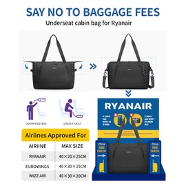 ECOHUB Ryanair Hand Luggage Bag 40 x 20 x 25, 20 L Foldable Small Travel Bag Hand Luggage for Airplane, Recycled Travel Bag with Removable Wet Bag, Ryan Air Bag 40 x 20 x 25 cm, black