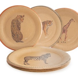 PARTY PARTY 16 Safari Party Plates Environmentally Friendly Kraft Paper 4 Different Designs Giraffe, Cheetah, Tiger, Zebra, Diameter 23 cm, Jungle Party Adults, Children's Birthday Boy Girl