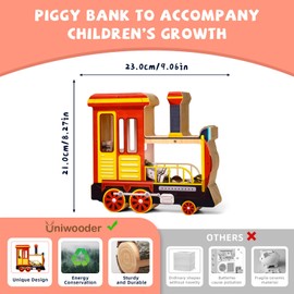 Uniwooder Wooden Locomotive Piggy Bank for Kids, Train Money Box with Acrylic Panels, Unbreakable Toddler Saving Coin Jar for Boys Girls, Kids Coin Bank with Letter Sticker for Birthday, Home Décor