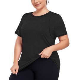 COOTRY Women's Plus Size Workout Tops Loose Fit Short Sleeve Athetic Running Yoga Shirts Black 2XL