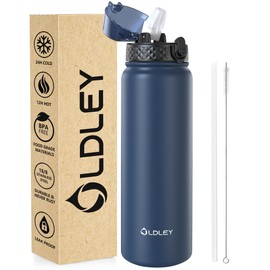 OLDLEY Stainless Steel Water Bottle with Straw 1L Vaccum Insulated Large Drink Flask Metal Water Bottles 1 Litre Leakproof Keep Drinks Hot Cold for Sports Bike Gym Adult Women Men(Navy Blue, 1 Lid)