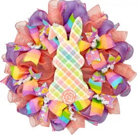 What A Mesh by Diana Plaid Pastel Bunny Handmade Deco Mesh Wreath