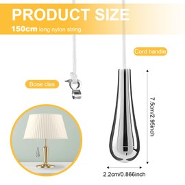 FENGRUI 1 Pcs Bathroom Pull Cord Handle Teardrop Chrome Pull String Switch,1.5m White Nylon Extension Replacement Pull Cord Light for Bathroom Toilet Light Ceiling Lights Fan Switch