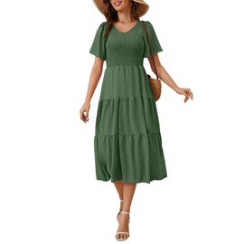 MIDNIGHTSUN Women's Smocked Midi Dress V Neck Flutter Short Sleeve Summer Tiered Dress (Green, M)